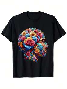 Camiseta de Arte Floral para Hombre -% Algodón 180gsm. Camiseta de manga corta con estampado digital vibrante. Camisa Casual de Ajuste Regular para Regalos de Pascua (S-) - Negro - Ver 6