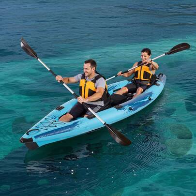 Kayak gonflable, kayak de loisir 2 places, capacité de charge 318 kg, étanche et increvable, avec siège rembourré, plancher en PVC drop-stitch, 2 pagaies, pompe à main et sac de transport pour la pêche et le camping