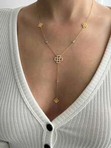 TONSI 1 件时尚奢华简约 18K 镀金不锈钢锆石四叶花串珠流苏项链，Y 形四叶草吊坠项链，颈链，适合女性日常、约会、派对场合 - 金色 - 查看 6