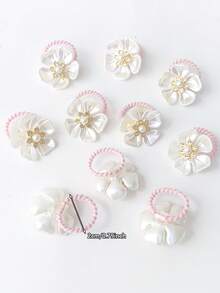 10/20pcs Cute Pearl Flower Scrunchies Hair Ties, Pink