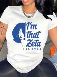 Women's T-Shirt Round Neck I'm That Zeta Est. 1920 Graphic Print Tee For Casual Wear And Sorority Events 220g - trắng - Xem 1