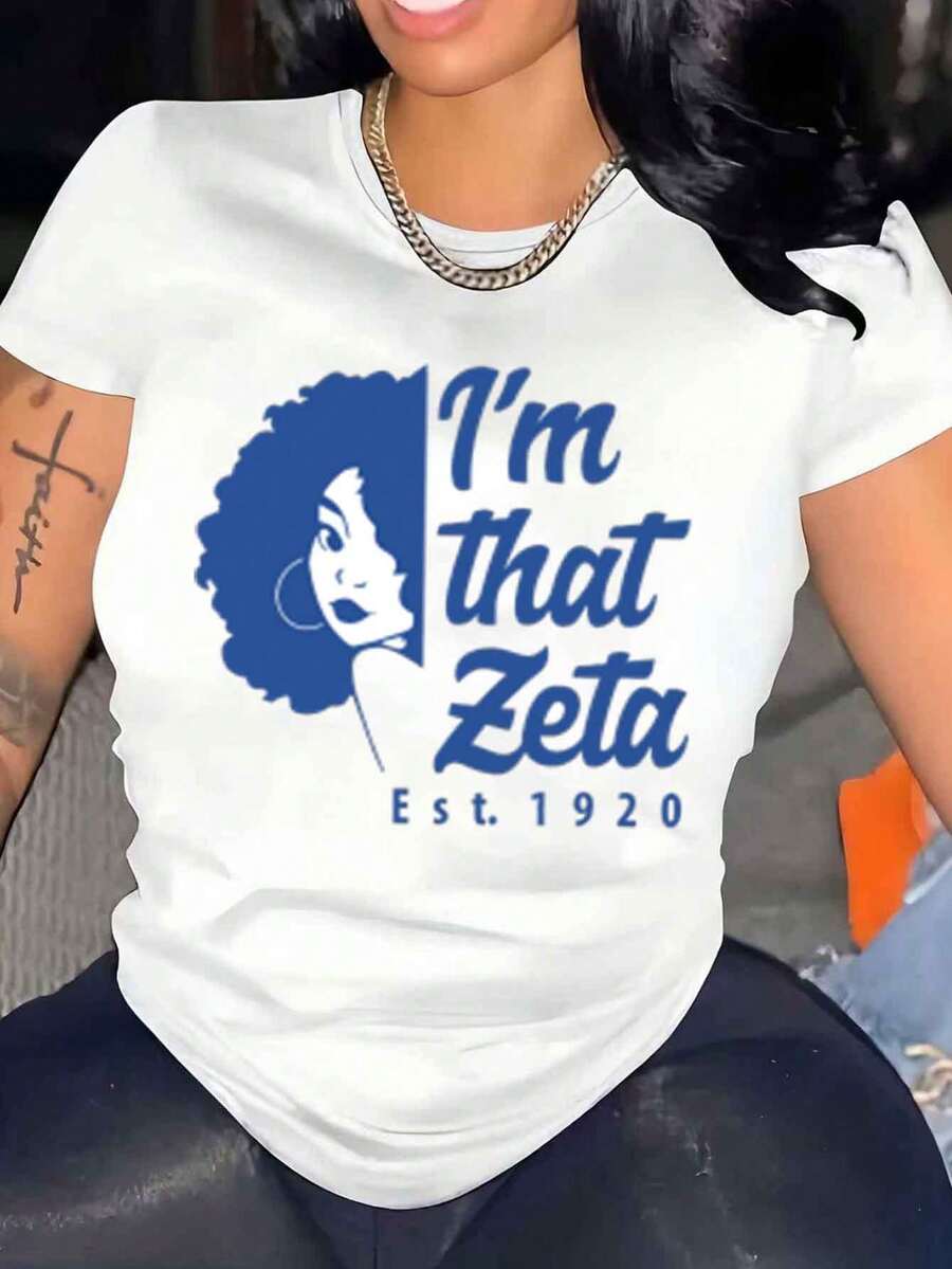 Women's T-Shirt Round Neck I'm That Zeta Est. 1920 Graphic Print Tee For Casual Wear And Sorority Events 220g - trắng - Xem 1