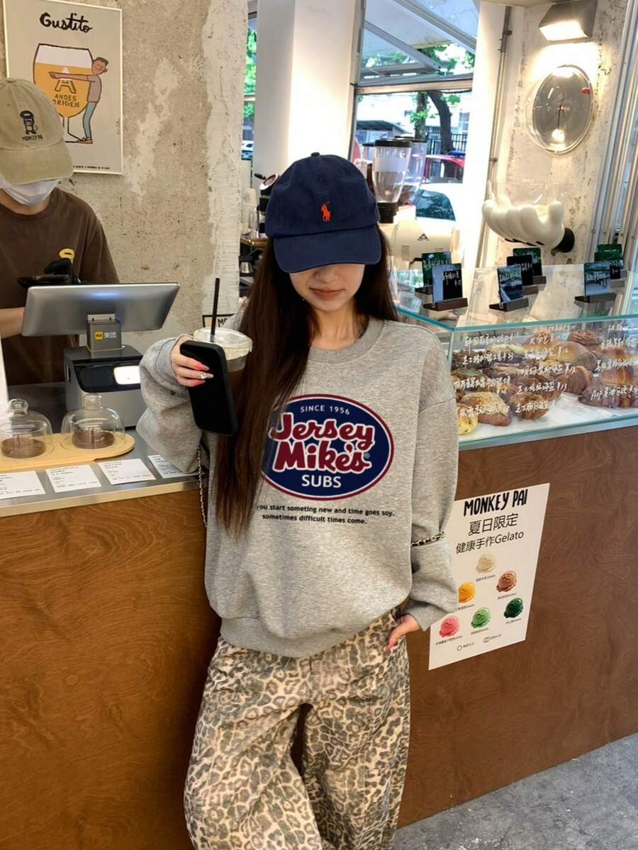 1pc Women's Casual Loose Fit English Print Pattern Crew Neck Sweatshirt, Versatile For Daily Wear, Autumn/Winter