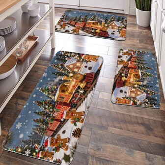 1件圣诞装饰品，家居装饰，房间装饰，浴室装饰，浴垫，防滑浴室垫，厨房装饰，厨房垫，地毯，浴室套装，入口垫，门垫，柔软绒面，家居装饰，防疲劳垫，姜饼人，圣诞树，冬青雪花图案垫，圣诞节，冬季和新年主题装饰，“圣诞快乐”，柔软舒适的表面，放松双脚，减少疲劳厨房地毯