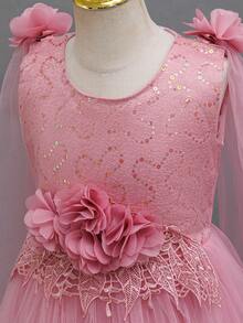 Vestido de tul con flores y lentejuelas para niñas, vestido largo para niñas preadolescentes, vestido de novia de flores, atuendo de alto nivel para actuación en piano, fiesta de cumpleaños, vestido de princesa para niños - Rosa - Ver 4