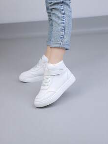 1 Pair Fashion New Baby High-Top Sports Shoes, Featuring Bicolor Design, Hook And Loop Closure, Comfortable Warm Lining, Non-Slip Rubber Sole, Suitable For Toddlers Participating In School Activities, Classic Basketball Shoe Design - White - View 7