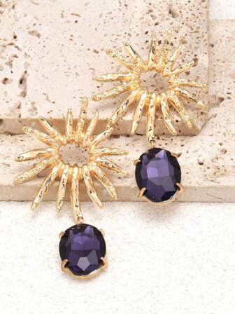 1 Pair Fashionable & Creative Rhinestone Sunflower Pendant Earrings, Exaggerated Design, Personalized Earrings