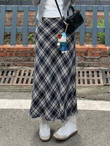 春夏新款百搭格子中长款松紧腰休闲开衩下摆半身裙 - 藏蓝色 - 查看 1