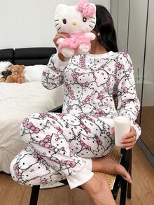 Sanrio Women's 2 Pieces  Warm Long Sleeve Top And Pants Pajama Set, Elegant Romantic Luxurious Charming Casual Cute Plush Warm Autumn/Winter, Cozy Clothes - White - View 1