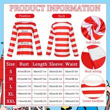 Conjunto de 5 piezas de disfraz de Wally para adultos, accesorios de disfraz y cosplay que incluyen camiseta a rayas rojas y blancas, gorro, gafas sin marco y muletas para el Día Mundial del Libro, Halloween y Navidad