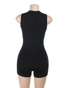 女式 V 领蕾丝边连体短裤，商务休闲，夏季 - 黑色 - 查看 2