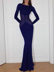 女士性感网眼拼布紧身长袖长裙优雅夜间外出节日派对秋冬装 - 藏蓝色 - 查看 1