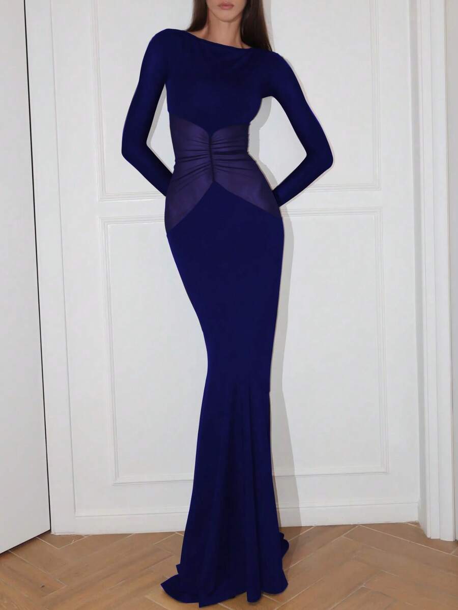 女士性感网眼拼布紧身长袖长裙优雅夜间外出节日派对秋冬装 - 藏蓝色 - 查看 1