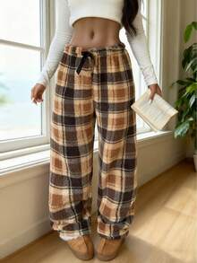 Modische Damen Vintage-Karo Thermofutter Hohe Taille Lockere Weite Beine Verdickt Bequeme Warme Lässige Loungewear Hose für Herbst/Winter - Verschiedenfarbig - Übersicht 2