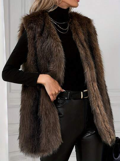 女士优雅仿毛皮无袖长款背心，纯色常规款开衫背心，女士冬季度假服装