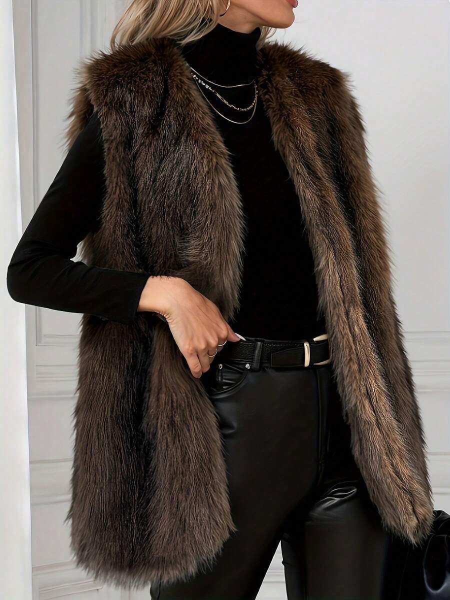 女士优雅仿毛皮无袖长款背心，纯色常规款开衫背心，女士冬季度假服装