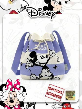 卡通撞色条纹米奇图案抽绳水桶包，适合日常出行和购物，日常使用，是送给朋友的绝佳礼物。