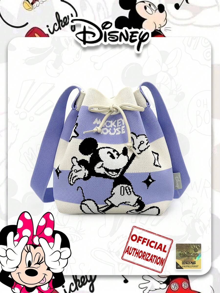 卡通撞色条纹米奇图案抽绳水桶包，适合日常出行和购物，日常使用，是送给朋友的绝佳礼物。 - 紫色 - 查看 1