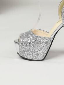 Zapatos de tacón alto con decoración de lazo y lentejuelas con punta abierta para mujeres, calzado elegante para fiestas y banquetes con correa y hebilla en la parte trasera, adecuado para todas las estaciones