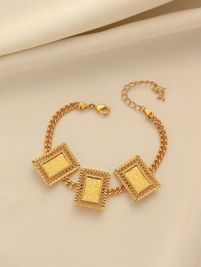 1pc Elegant Vintage Copper Alloy Gold-Plated Cube Link Chain Bracelet, Suitable For Women's Daily Wear And Holiday Gifts