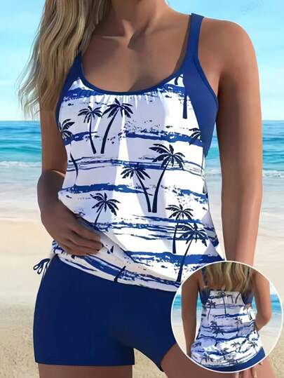 2pcs Women's Swimsuit Set, Full Coverage Adjustable Spaghetti Strap Backless, Printed Boyshort Bottoms, Elegant & Sexy, Hawaiian Resort Style, Summer Beach Casual