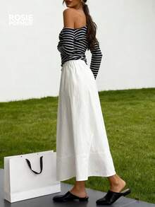 ROSIE POPHUB 女士纯白休闲百搭长裙，优雅学院风，适合新年、情人节外出，春夏秋冬新品上市 - 白色 - 查看 3