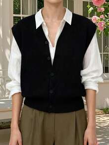 Women's Knit Sweater Vest Fashionable Versatile Solid Color Sleeveless V Neck Button Down Cardigans - Black - View 6