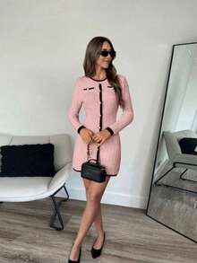 FOR BEAUTY New Autumn/Winter Round Neck Long Sleeve Knit Dress Spring Solid Color Minimalist Elegant Contrast Color Fashion Commuter Mini Dress Knit Dress For Valentine's Day Date - Tender Powder - View 7