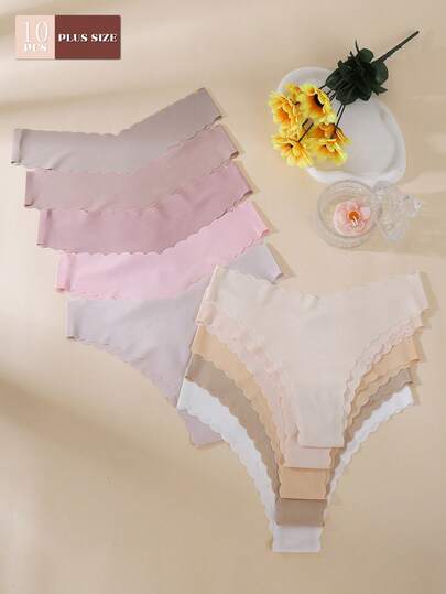 10pcs Plus Size Women Wavy Trim Sexy Comfortable Printed Bikini Briefs