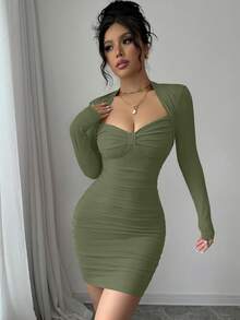 abyoxi Vestido de fiesta elegante y sexy de color rojo con escote de corazón, manga larga, fruncido y ajustado, ideal para citas, romántico, de moda, Día de San Valentín, chica sexy, nueva ropa de mujer para primavera