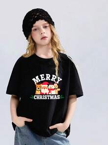 Camiseta de manga corta Niña Algodón 100% Verano Personajes de Navidad - Negro - Ver 1