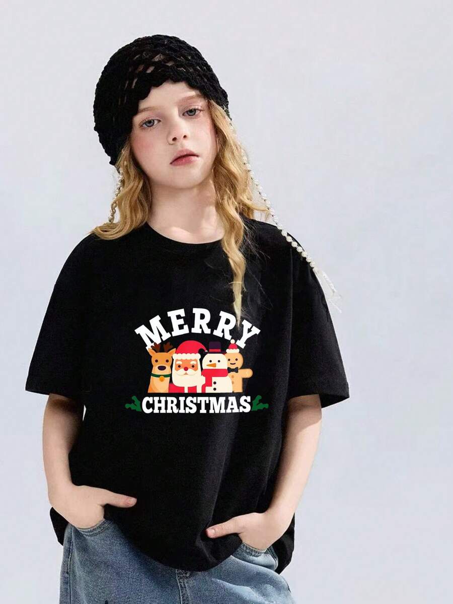 Camiseta de manga corta Niña Algodón 100% Verano Personajes de Navidad - Negro - Ver 1