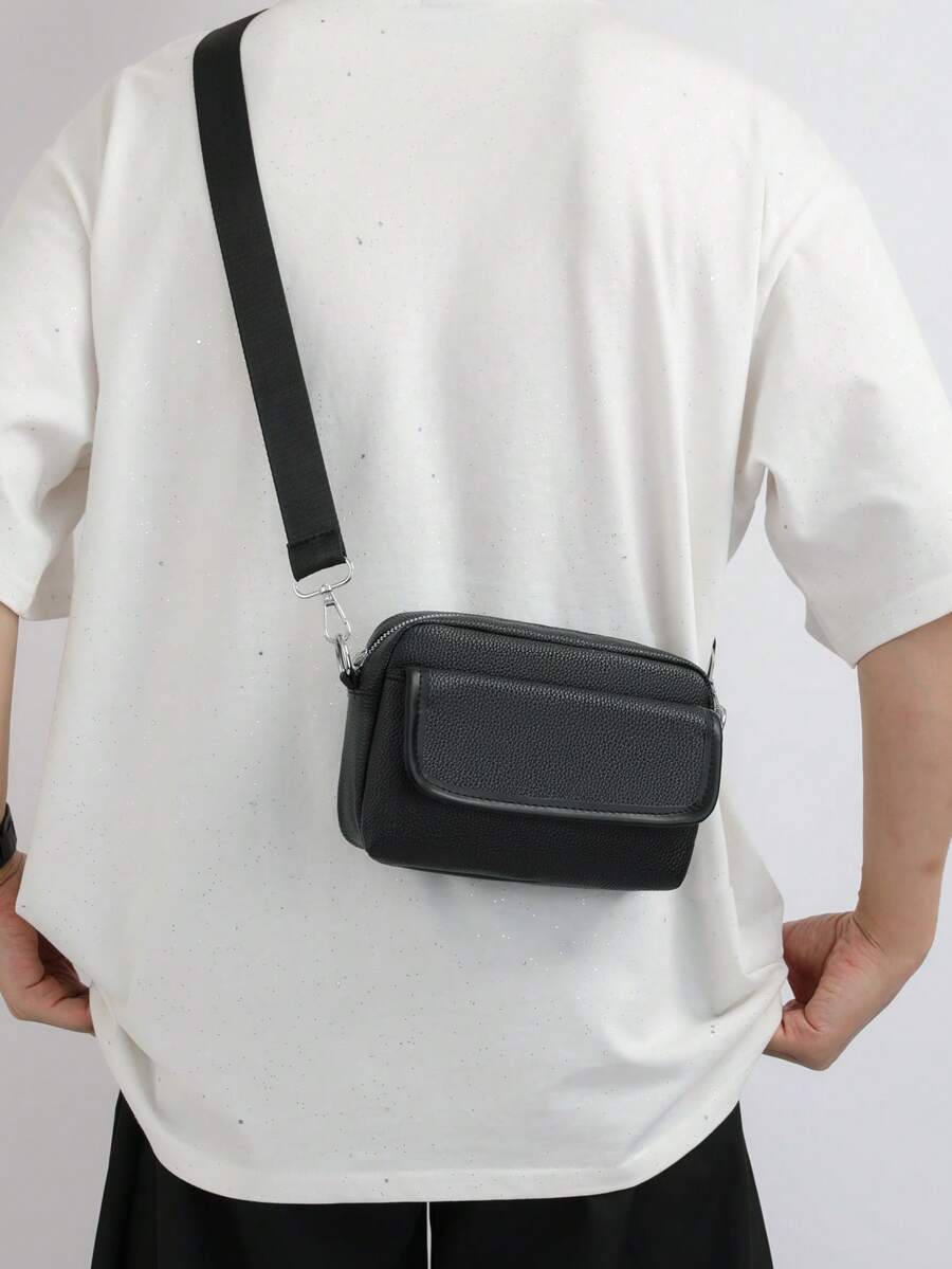 Sac à bandoulière décontracté pour homme, petit sac messenger à rabat mode, sac bandoulière en cuir PU noir, convient comme cadeau pour le petit ami - Noir - Voir 1
