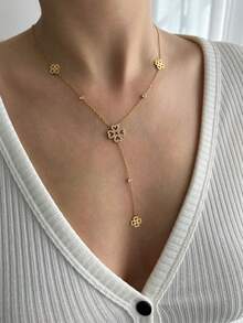 TONSI 1 件时尚奢华简约 18K 镀金不锈钢锆石四叶花串珠流苏项链，Y 形四叶草吊坠项链，颈链，适合女性日常、约会、派对场合 - 金色 - 查看 3