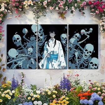 Japanisches Anime-Mädchen und Skelette Wandkunst - Set mit 3 ungerahmten Stoffleinwanddrucken, 12x18 Inch, ästhetische Raumdekoration, modernes Triptychon-Poster für Wohnzimmer, Schlafzimmer - Xc2077