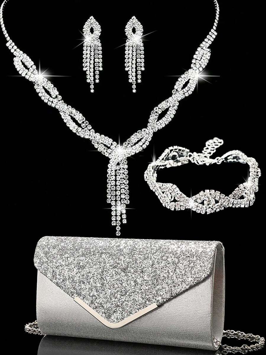 Set de bijuterii de lux cu diamante strălucitoare - colier, cercei, brățară, geantă plic metalică în formă de V cu paiete argintii strălucitoare, geantă de seară elegantă, geantă de mireasă pentru petrecere de nuntă, geantă de mână pentru cocktailuri, portofel nou de nuntă, geantă de petrecere - imagine 2