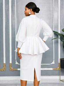 Bộ vest công sở cỡ lớn AOMEI dành cho nữ, gồm 2 mảnh, áo sơ mi cổ cao khoét eo xếp ly, họa tiết hoa thêu, trang phục trang trọng mùa thu, bộ vest trắng cho đêm giao thừa. - trắng - Xem 3