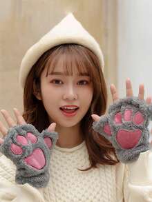 1 Pair Cute Cat Paw Fingerless Gloves, Warm Gloves Suitable For Daily Wear And Gatherings, Autumn/Winter+Winter Gear+Gloves Bear+Christmas Summer - Mittens - View 5