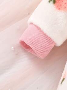 Casual Elegant Sweet Cute Baby Girl Clothes, Strawberry Print Bow Decor Fleece Hooded Zipper Front Jumpsuit, Soft & Comfortable Infant/Toddler Girl Outfit, Suitable For Daily, Vacation, Party, Outdoor - Multicolor - View 6