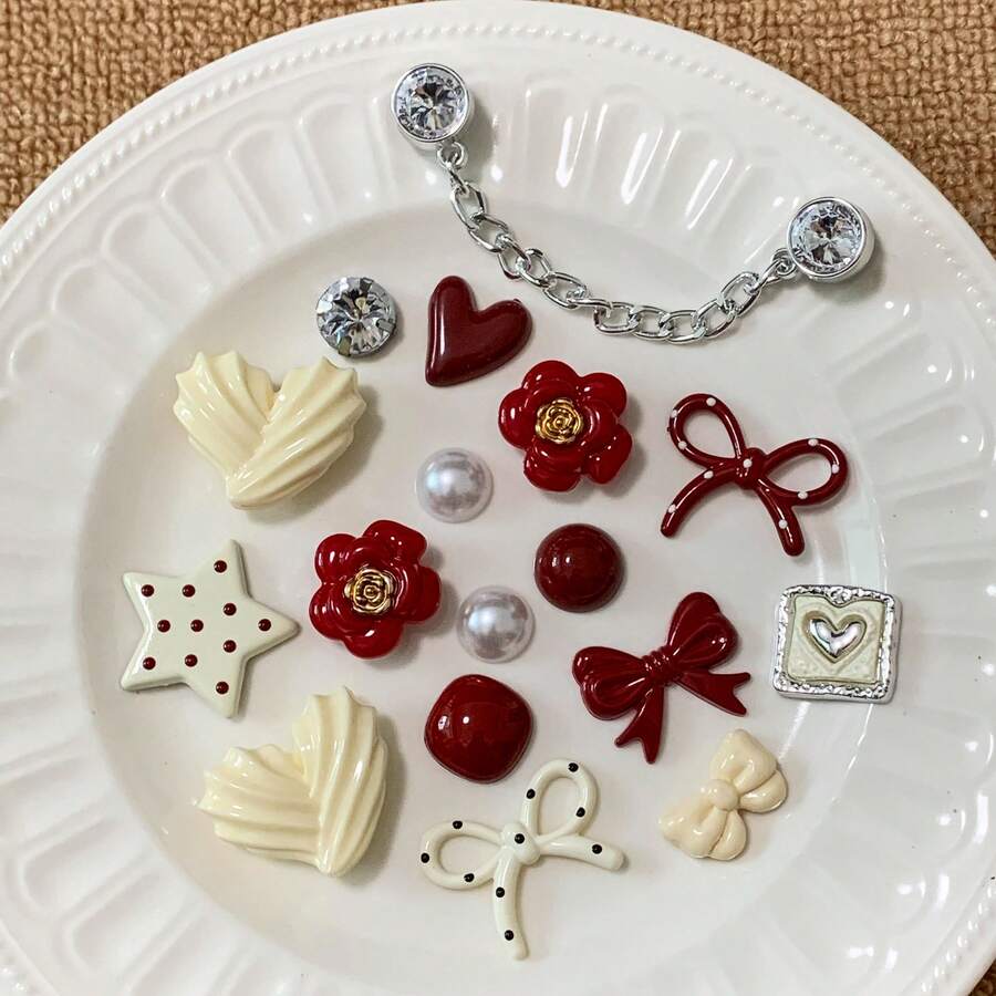 17pcs Shoe Accessories, Love Series Shoe Accessories Set, Red Heart Flower Bow Shoe Accessories, Perfect Valentine's Day Gift, Love Theme, Fashionable Detachable DIY Women's Shoe Accessories