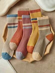 5/10 Pares de Meias Crew Colorblock Listradas Femininas, Confortáveis, Absorventes de Umidade e Macias, Estilo Preppy Adequado para Todas as Estações