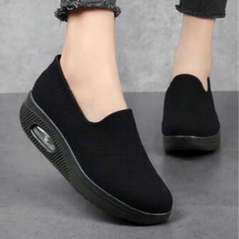 Women's All Black Casual Sneakers, Cushioned Air Sole Slip-On Knit Sock Shoes, Comfortable Dancewear
