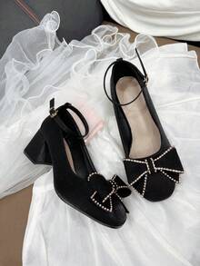 Cute Black High Heels For Teens, Square Toe With Bow & Rhinestone Decor, Elegant For Outdoor Daily, Romantic, Party, Music Performance In Autumn/Winter