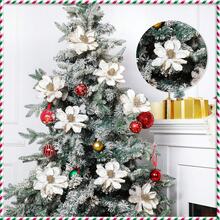 1/3 szt. brokatowych kwiatów świątecznych, kwiatów magnolii, ozdób choinkowych, białych kwiatów poinsecji z klipsami, sztucznych kwiatów na choinkę, świątecznych dekoracji DIY, dekoracji imprezowych, brokatowych, sztucznych kwiatów, wianków choinkowych DIY - Biały - Zobacz 2