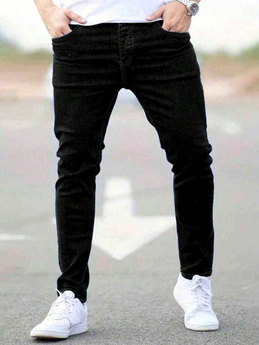 1pc Men's Slim Fit Stretch Blue Denim Jeans - Black - View 1