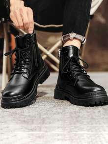 New High-Top Fashion Men's Boots, Lace-Up Leather Upper With Side Zipper Design, Thick Sole, Anti-Slip, Suitable For Outdoor, Hiking, Work, Snow Boots