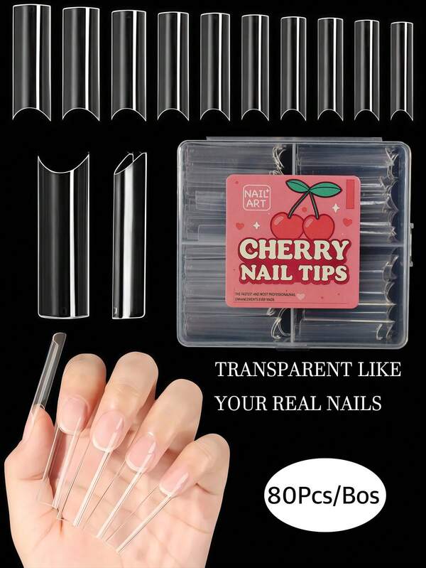 80 PIEZAS Uñas postizas acrílicas transparentes de forma cuadrada larga, set de puntas de uñas de cristal transparente flexibles y que no se rompen, que vuelven a su forma original después de usarse, uñas postizas de aspecto natural para salón y DIY en casa, perfectas para decoración de uñas en estilo francés rosa y verde o Reina de Corazones, kit de uñas lindas y de moda 2025