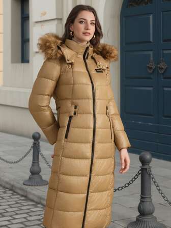  ZIAI 女士休闲纯色冬季外套，新款时尚抽绳修身加厚外套，女士秋冬办公穿毛领连帽冬装大衣