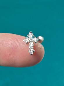 1PC Stainless Steel Threadless Cz Cross Ear Tragus Cartilage Cross Industrial Barbell Spike Lobe Helix Earrings Piercing Body Jewelry - As Shown - View 2