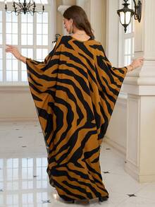 Women's Fashion Zebra Print V-Neck Batwing Sleeve Long Robe, With Slit Design, Woven Fabric, Elegant Kaftan Robe Vacation Spring - Brown - View 2